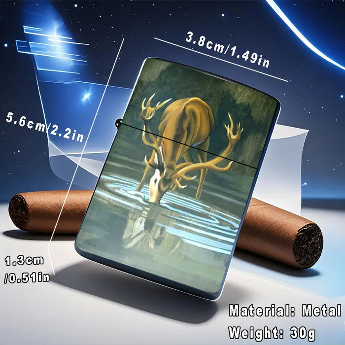 2D Deer Drinking Water in Forest Aluminum Lighter Shell, 2D Deer Drinking Water in Forest Aluminum Lighter Shell,